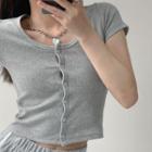 Cropped Round-neck Plain Single-breasted Knit Top