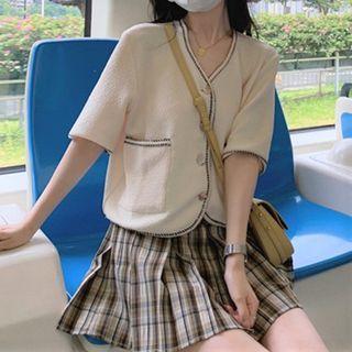 Elbow-sleeve Button-up Top / Plaid Pleated Mini A-line Skirt