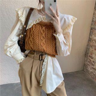 Long-sleeve Lace Trim Blouse / Cable Knit Sweater Vest