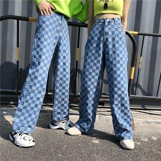 Couple Matching Check Wide Leg Jeans