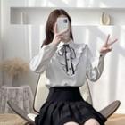 Bow Lace-up Ruffle Trim Collar Long-sleeve Blouse