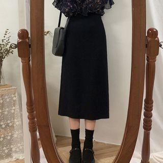 Plain High-waist Slit A-line Midi Skirt