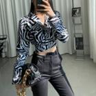 Long-sleeve Cropped Open-collar Zebra Print Shirt