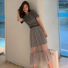 Set: Sequined Short-sleeve T-shirt Dress + Mesh Midi Skirt