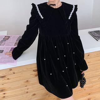 Long-sleeve Faux Pearl Collared A-line Dress