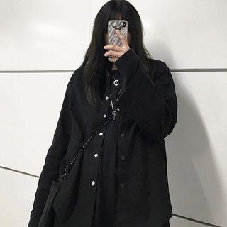 Plain Button Jacket Shirt - Black - One Size