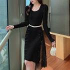 Mesh Overlay Knit Mini A-line Dress