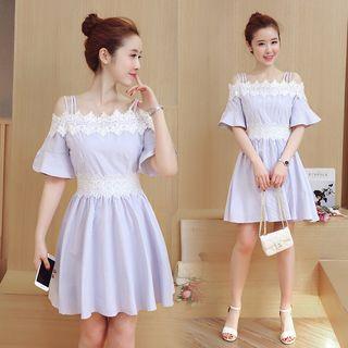 Short-sleeve Off Shoulder Striped A-line Mini Dress