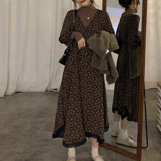 Single-breasted Knit Vest / Floral Print Long-sleeve Midi A-line Dress