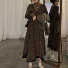 Single-breasted Knit Vest / Floral Print Long-sleeve Midi A-line Dress