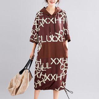 3/4-sleeve Lettering Midi Hoodie Dress