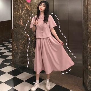 Elbow-sleeve Frog-button Shirt / Midi A-line Skirt / Set