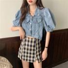 Short-sleeve Cropped Denim Jacket Blue - One Size