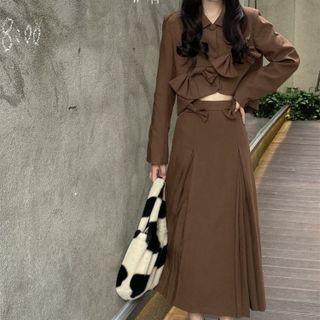 Bow Accent Cropped Button-up Jacket / Midi A-line Skirt