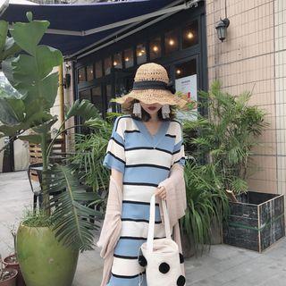 Striped V-neck Short Sleeve Knit Dress