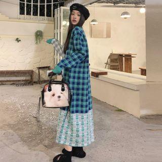 Check Loose-fit Knit Dress Green - One Size