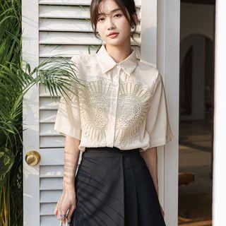 Short-sleeve Lace Panel Shirt Almond - One Size