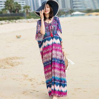 Short-sleeve Printed Maxi Shift Dress