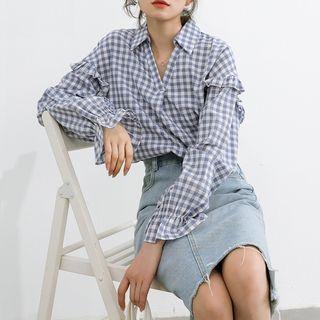 Ruffled Gingham Blouse Plaid - Misty Blue - One Size