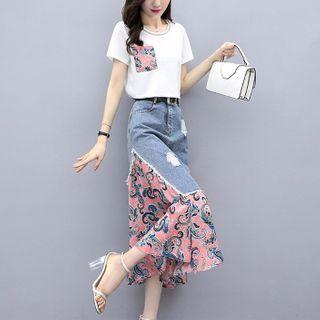 Set: Short-sleeve Paneled T-shirt + Midi Mermaid Denim Skirt