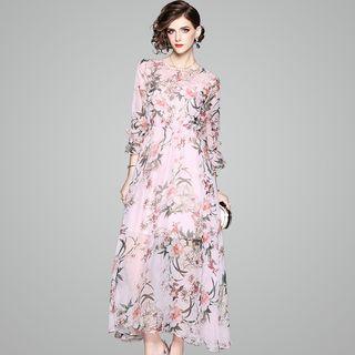 3/4-sleeve Floral Print Midi A-line Dress