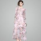 3/4-sleeve Floral Print Midi A-line Dress