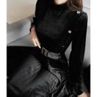 Mock-neck Pleated-hem Velvet Dress With Belt Black - One Size