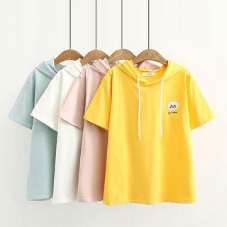 Short-sleeve Bear Embroidered Hooded T-shirt