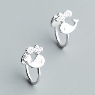 925 Sterling Silver Rhinestone Whale Earring 1 Pair - Clip On Earring - Whale - One Size