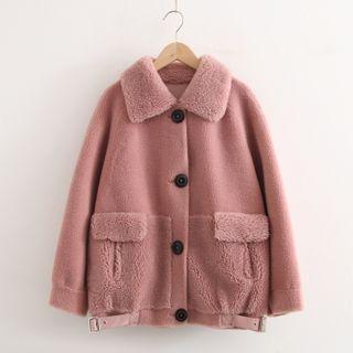 Faux Shearling Button-up Belted Jacket