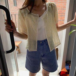 Puff-sleeve Piped Floral Cardigan Yellow - One Size