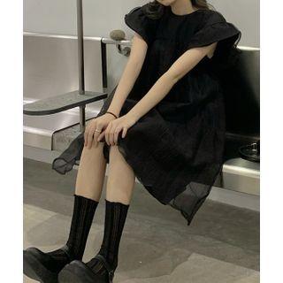 Cap-sleeve Mesh A-line Dress Black - One Size