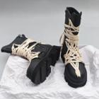 Distressed Block Heel Platform Mid Calf Boots