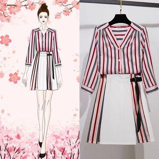 Set: 3/4-sleeve Striped Shirt + A-line Mini Skirt