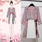 Set: 3/4-sleeve Striped Shirt + A-line Mini Skirt