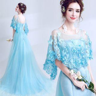 Embroidered Cape-sleeve Mermaid Evening Gown