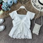 V-neck Eyelet-lace Frill-sleeve Blouse