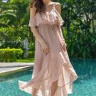 Elbow-sleeve Cold Shoulder Ruffled Patterned A-line Midi Dress Almond - One Size