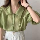 Puff-sleeve Plain Shirt Green - One Size