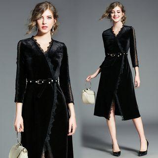 Lace Trim 3/4 Sleeve Velvet Midi Dress