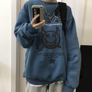 Cartoon Print Fleeced Sweatshirt With Lettering