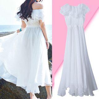 Off-shoulder Ruffle Trim Midi Dress