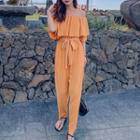 Off-shoulder Elbow-sleeve Tie-waist Jumpsuit