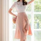 Set: Short-sleeve Lace Top + Ruffled Midi A-line Skirt