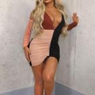 Set: Color Panel Drawstring V-neck Bodycon Dress + Ruched Arm Sleeves