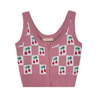 Cherry Print Single-breasted Sweater Vest Pink - One Size