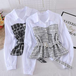 Mock Two-piece Long-sleeve Panel Plaid Shirt