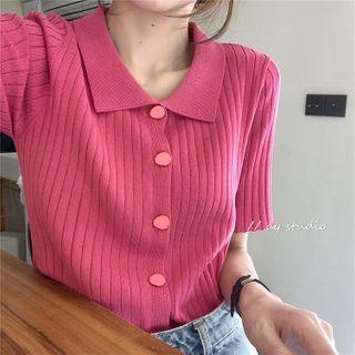Short-sleeve Knit Button-up Top
