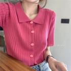 Short-sleeve Knit Button-up Top