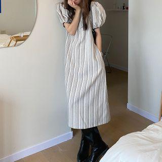 Puff-sleeve Striped Midi Shift Dress